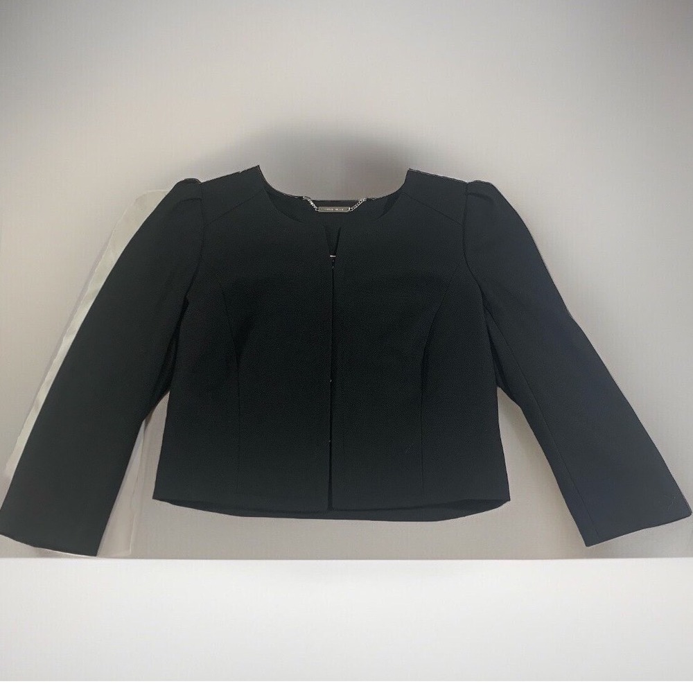 White House Black Market Blazer Womens 8 Black Cropped Puff Sleeve Hook Eye Chic